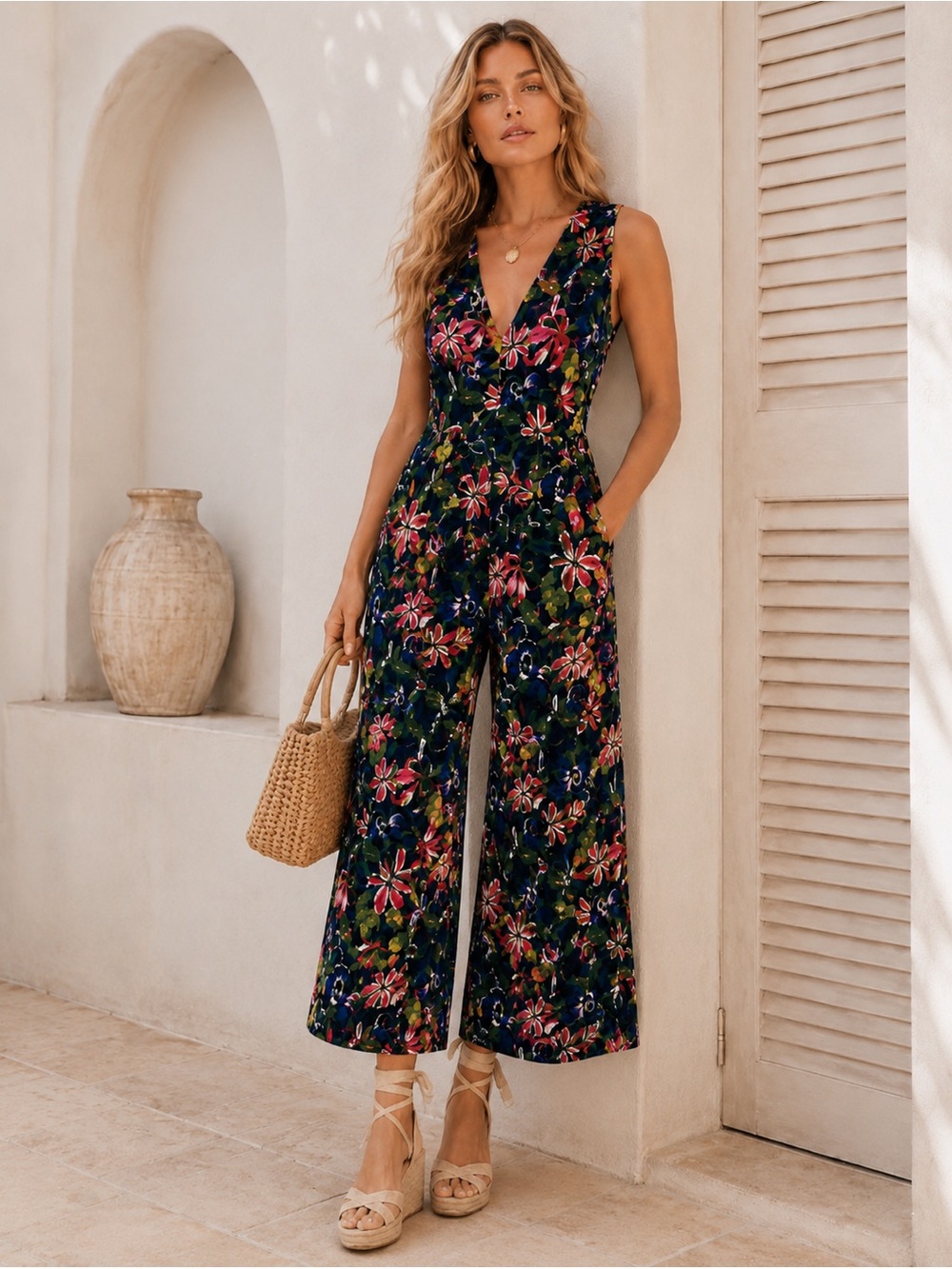 Floral V-Neck Wide-Leg Jumpsuit - Navy Floral ptp 22” l 47”